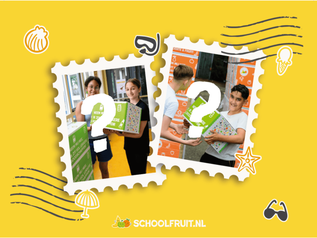 Kinderen met Schoolfruit dozen in postzegelontwerp