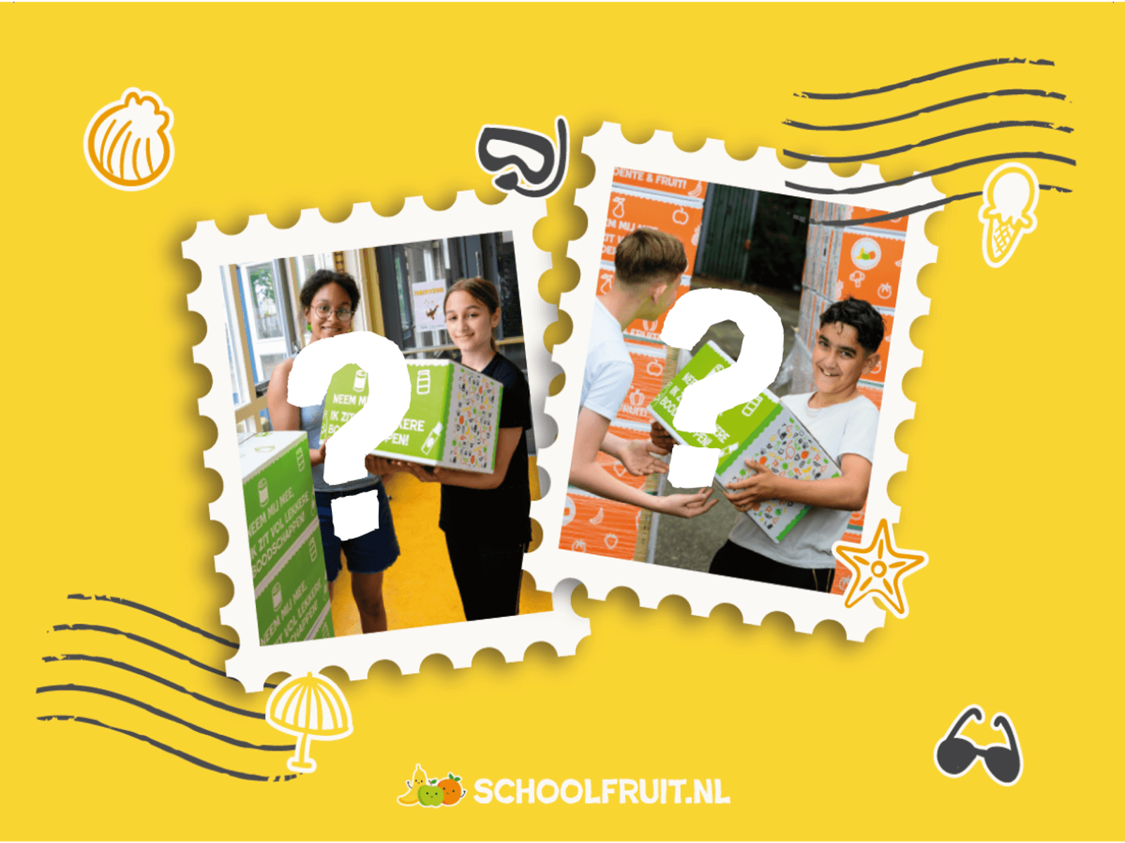 Kinderen met Schoolfruit dozen in postzegelontwerp