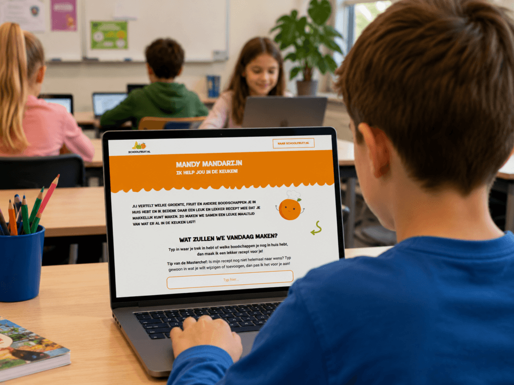 Leerling gebruikt laptop in klaslokaal voor kookwebsite