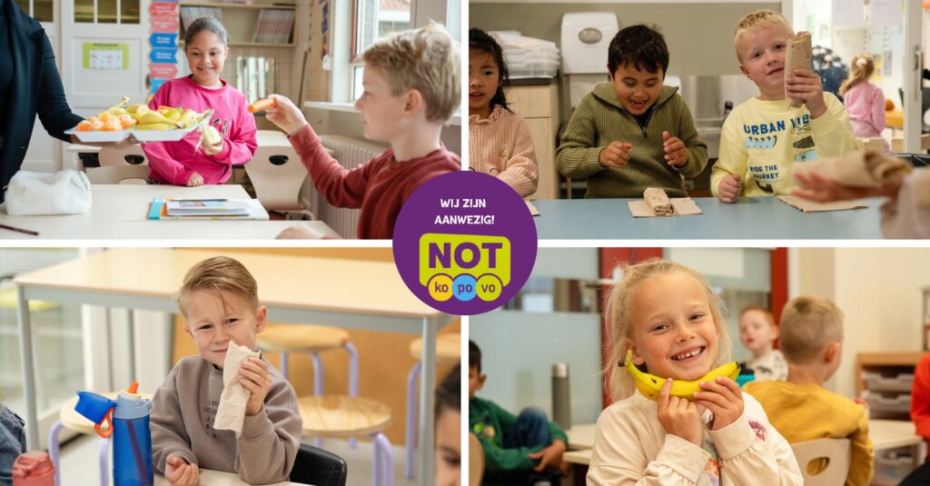 Kinderen eten fruit en brood in de klas