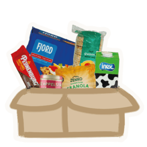 Doos met diverse ontbijtproducten en boodschappen