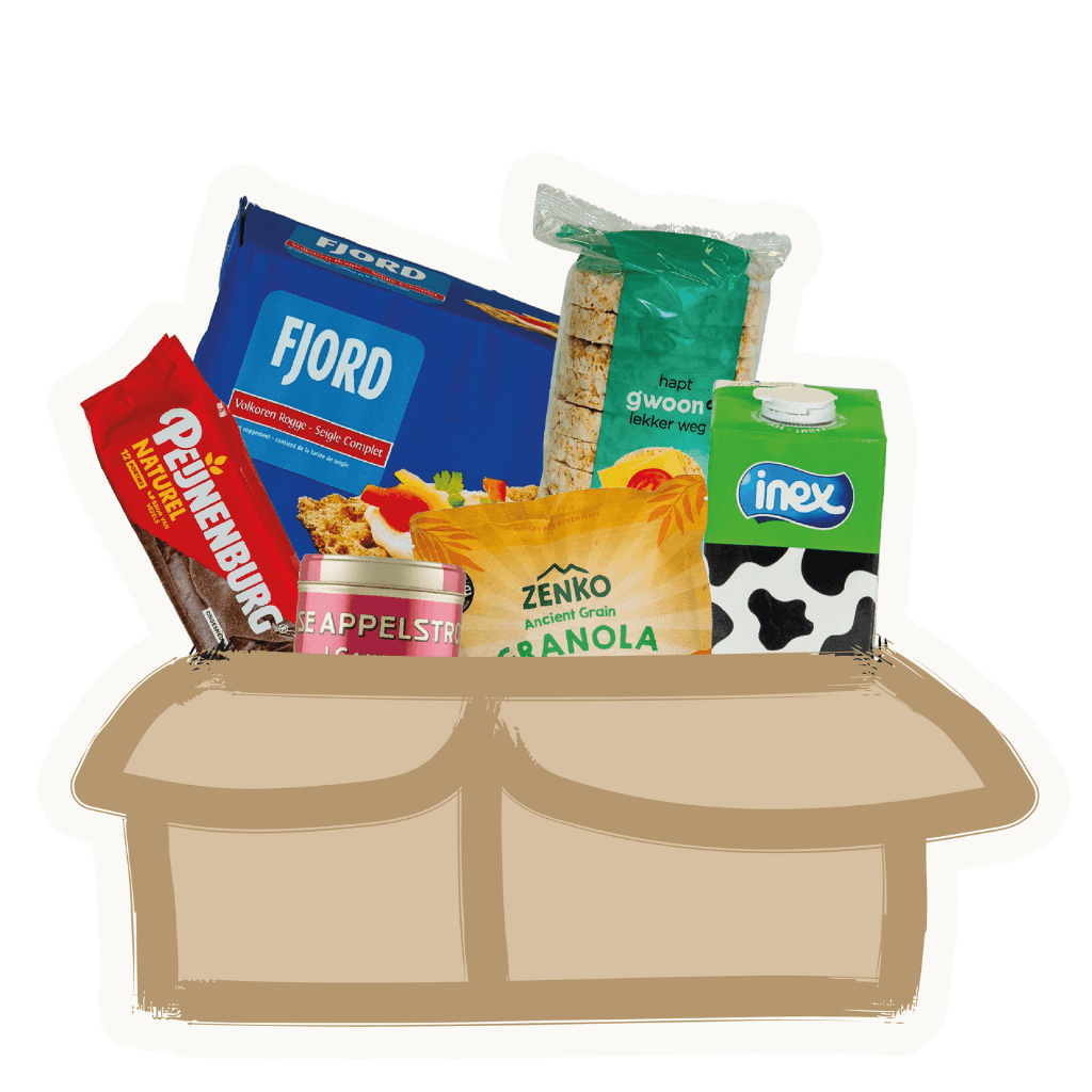 Doos met diverse ontbijtproducten en boodschappen