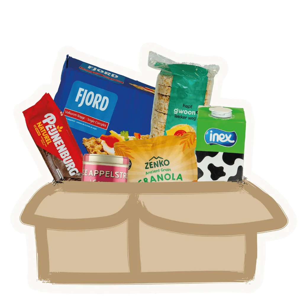 Doos met diverse ontbijtproducten en boodschappen