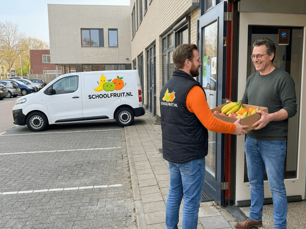 Bezorger overhandigt fruitbox bij schoolgebouw